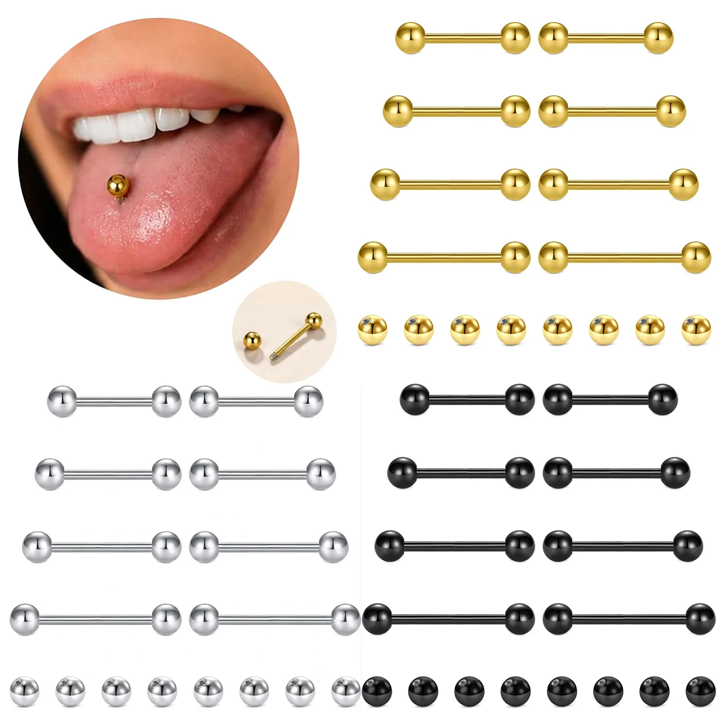 Tongue Barbell Straight - 16 adet 14G düz barbell ve